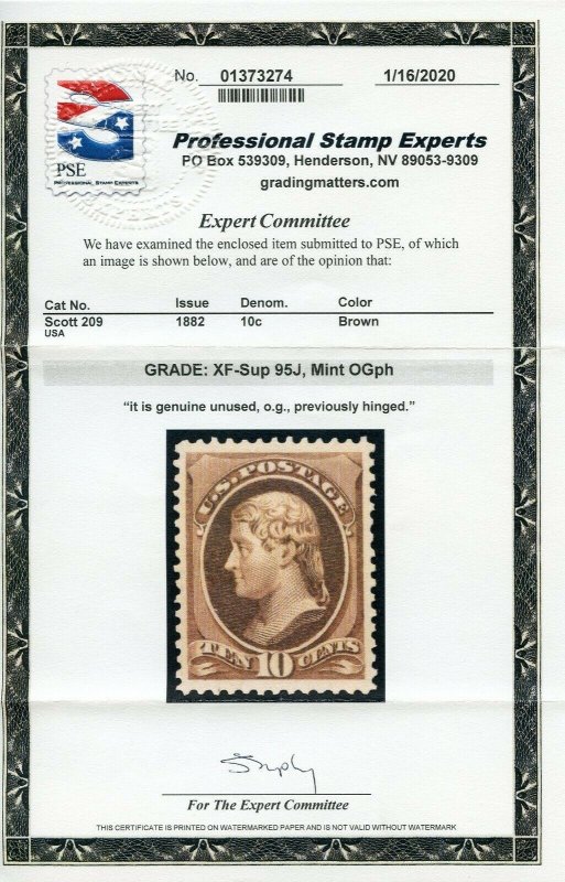 US SCOTT #209 MINT-XF-SUP-OG-PH JUMBO GRADED 95J W/ PSE CERT (4/23/21 GP)