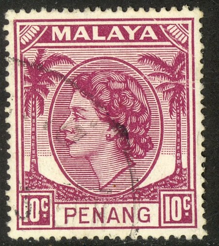 MALAYA PENANG 1954-55 QE2 10c Portrait Issue Sc 35 VFU