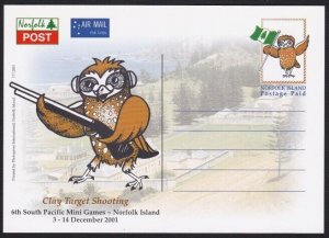 NORFOLK IS 2001 Sth Pacific Games Postage Paid owl postcard - Shooting.....B3551