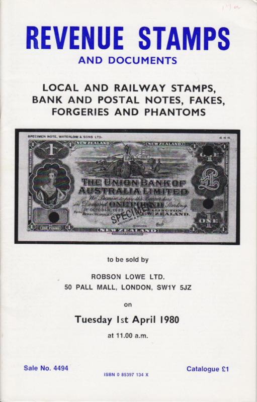 Revenue Stamps and Documents, Robson Lowe Sale,  April 1980