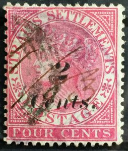 MALAYA 1883 STRAITS SETTLEMENTS QV 2c on 4c USED SG#61 M2852