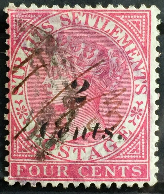 MALAYA 1883 STRAITS SETTLEMENTS QV 2c on 4c USED SG#61 M2852