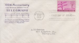 1944 Telegraph Centennial  (Scott 924) Grimsland TA FDC