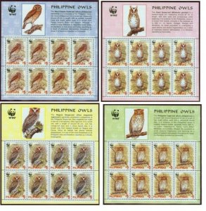 Philippines #2946-49 Owls World Wildlife Federation (WWF) Sheets  cv$26.00