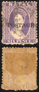 Natal SG83 6d Violet Wmk CC Opt POSTAGE (Davis) Cat 9 pounds