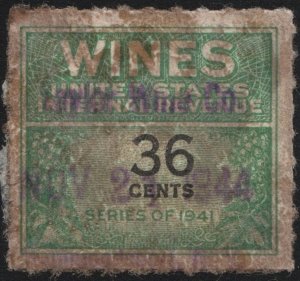 RE135 36¢ Wine Revenue Stamp (1942) Used/Varnished