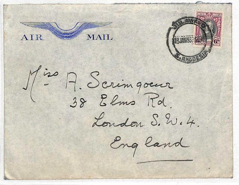 Southern Rhodesia Cover AIR MAIL *WINGS* Stationery Bulawayo London 1937 DD304