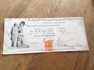 U. S. Equitable Life Assurance 1921 receipt with  King George v stamp  A12305