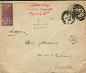 GB QV Cover ADVERT STATIONERY Price's Candles Exhibition Prize BELGIUM 1895 E174