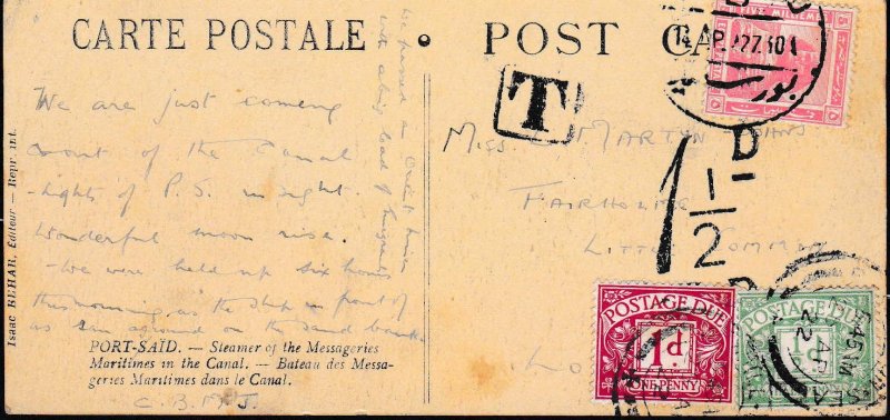 Egypt 1927 5m on small Post Card toLondon. Short Paid sohandstamp 1 1/2d Paid