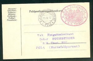 1917, Hungary Naval card, ship ‘TRABANT’ red oval cancel, VF