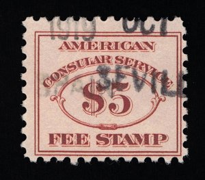 EXCEPTIONAL GENUINE #RK13 F-VF USED 1906 BROWN RED $5 CONSULAR SERVICE FEE STAMP