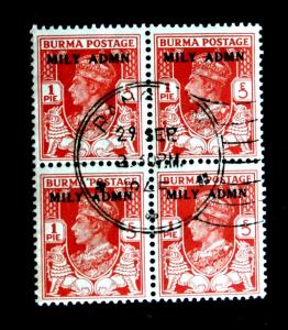 Stamp Burma SC# 35 CTO SON 1p Red Orange Early Issue of 1945 Mily Admn Overprint