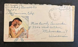 1942 USS Herbert J Thomas DD 833 Soldiers Free Mail Cover to Milwaukee WI