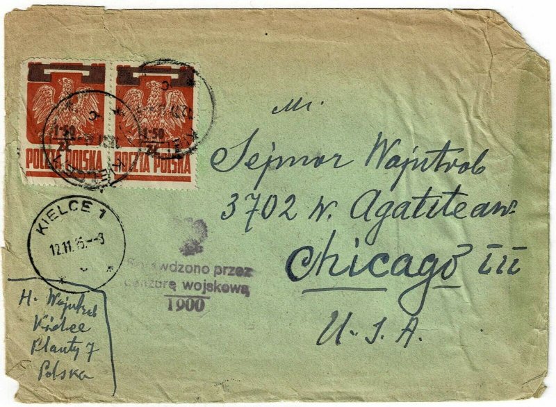 Poland 1945 Kielce cancel on cover to the U.S., censored, franked Scott 346