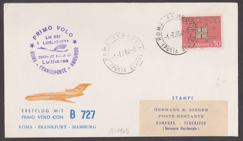 ITALY - 1964 LUFTHANSA ROME to FRANKFURT to HAMBURG FIRST FLIGHT COVER FFC
