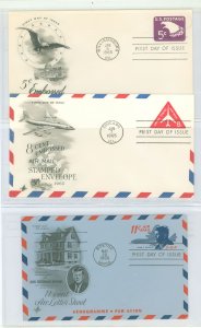 US U550/UC37-38 1965-66 3 U/A FDCs, Artcraft cachets, 5c definitive, 8c Airmail, John Kennedy air letter sheet.