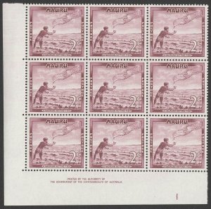 NAURU 1966 Pictorial 2c imprint block of 9 with Plate no 1. MNH **. Rare.