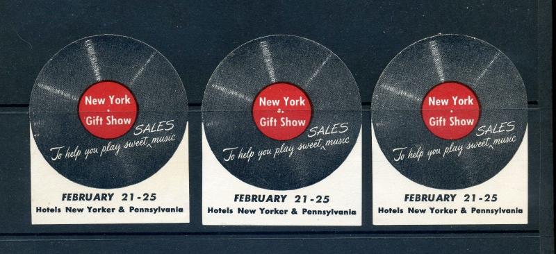 3 VINTAGE NEW YORK GIFT SHOW EXPO POSTER STAMPS (L877) RECORD 'PLAY SWEET MUSIC'