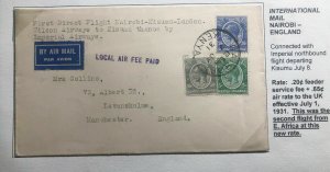 1931 Nairobi Kenya First Flight Cover FFC To Manchester England Via Kisumu