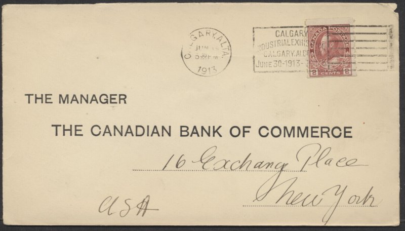 1913 Calgary ALTA Industrial Exhibition Slogan On Bank Cover to US, #127 2c Coil