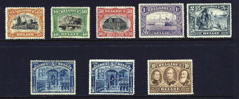 BELGIUM 1915-19 Full Pictorial Set Inc. Rare 5 Fr. Franken SG 188 to 195 MINT