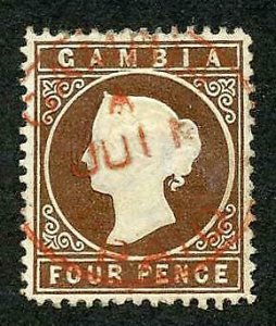 Gambia SG15B 4d Brown wmk Crown CC Upright LINE PERF (Rare second printing)