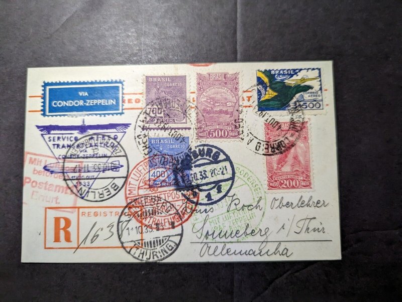 1933 Registered Brazil LZ 127 Graf Zeppelin Airmail Cover to Sonneberg Germany