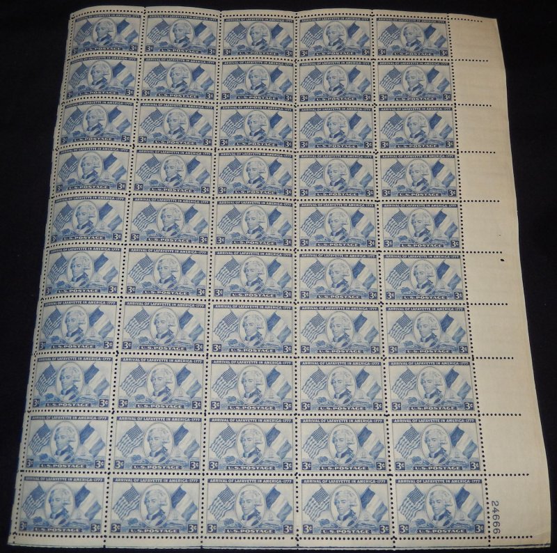 US #1010 3c Marquis De Lafayette, Full Sheet, F/VF OG NH or better post offic...