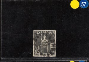 BARBADOS QV Stamp SG.47var 1s *ERROR IMPERFORATE* Britannia (1870) Used YBLUE57