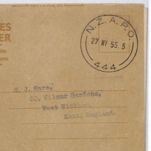 NEW ZEALAND Forces Air Letter Military *NZAPO.444* CDS Wickham Kent 1955 PJ83