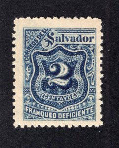 Salvador 1897 2c deep blue Postage Due, Scott J26 MH, value = 40c