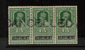 India 1923 3A Agreement Rev Specimen Strip of 3 MLH / 2NH / Toned Gum - S1906