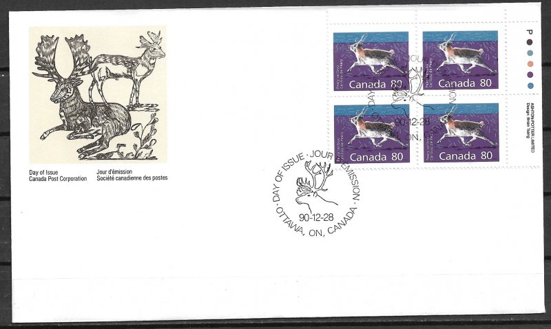 1990 Canada Sc1180 80¢ Peary Caribou PB4 FDC