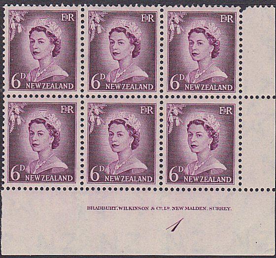 NEW ZEALAND 1955 QE 6d large figures plate block 1 mint CP cat NZ$90........1606