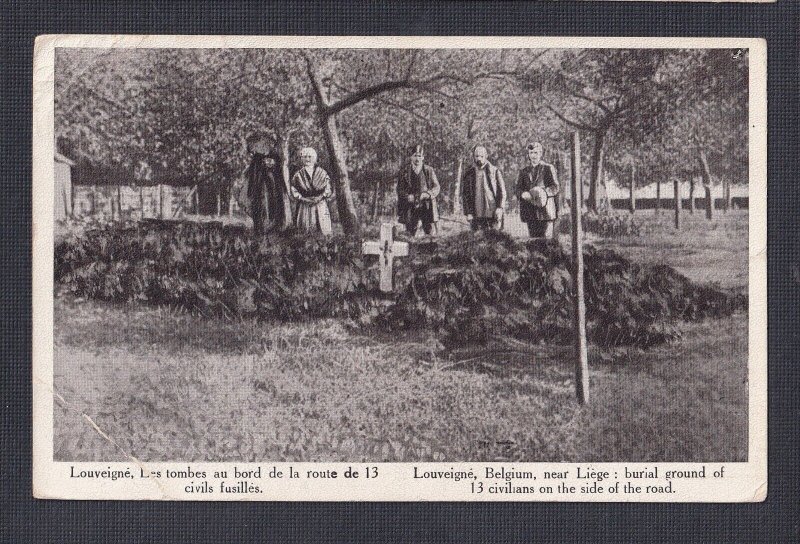 BELGIUM 1915 WW1 ’BURIAL GROUND OF 13 CIVILIANS - LIEGE’ CENSORED POSTCARD