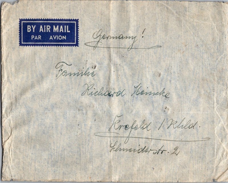 1939 Ahmedabad India Foreign Airmail Cover to Krefeld Germany