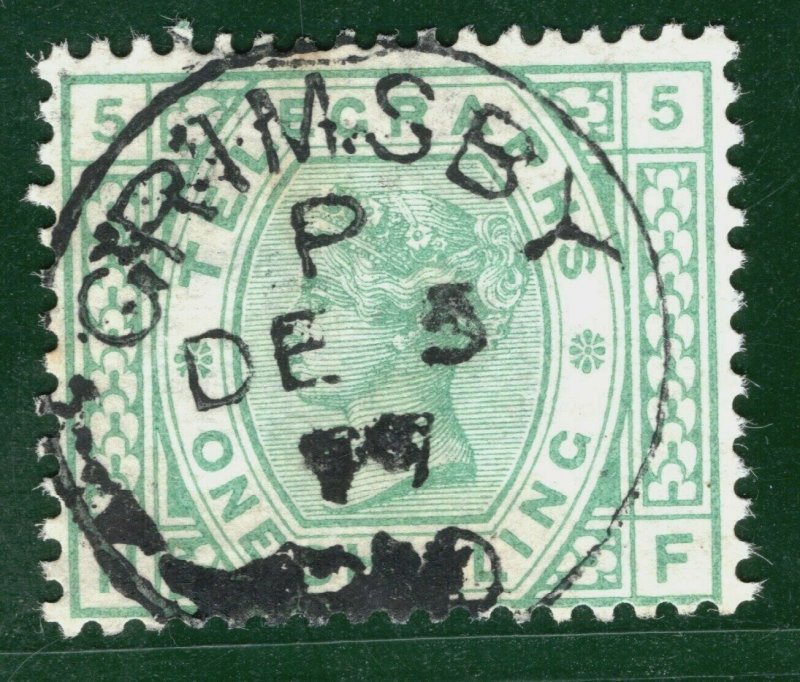 GB QV TELEGRAPHS SG.T8 1s Green Plate 5 GRIMSBY 1877 CDS Used Cat £50+ S2WHITE41