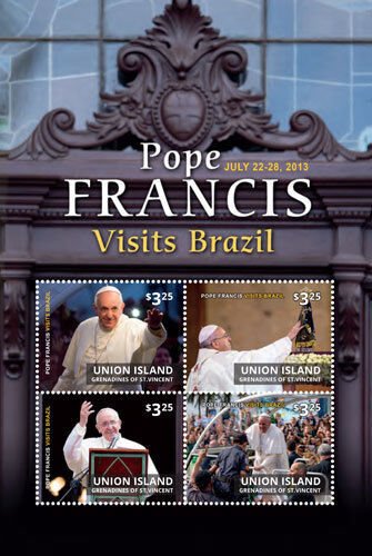 UNION ISLAND 2014 - POPE FRANCIS VISITS BRAZIL SHEET OF 4 STAMPS MNH