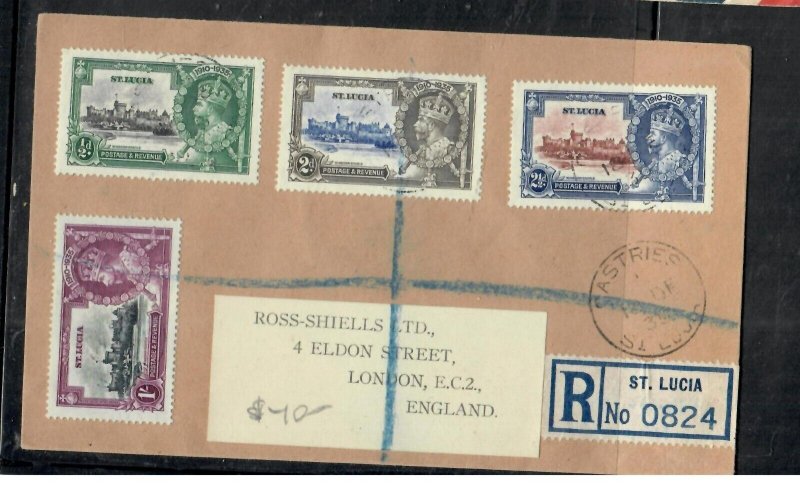 ST LUCIA COVER (P2408B) 1935  KGV SILVER JUBILEE SET REG COVER TO ENGLAND 