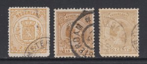 Netherlands Sc 21c, 45, 49 used. 1869 2c CoA, 1894 15c & 50c Princess, sound