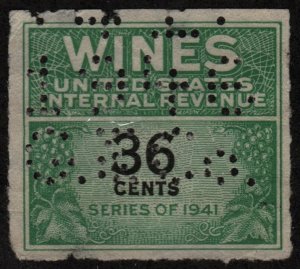 RE135 36¢ Wine Revenue Stamp (1942) Perfin