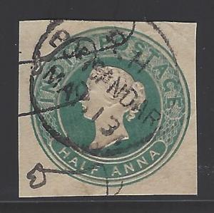 India H&G # B4, cut square pse postal stationary envelope,used, issued 1883