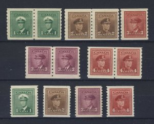 13x Canada George VI WW2 Coil stamps 4x Pairs 5x Singles Guide Value = $130.00