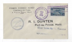 Cuba !928 5c airmail FFC Santiago to Haiti with cachet and receiver