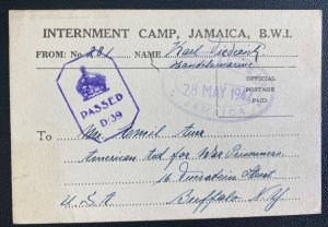 1942 Jamaica Prisoner of War Internment Camp Card Cover to Buffalo NY Usa