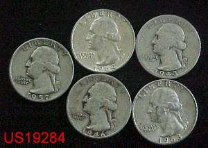 Five different circulated silver WASHINGTON QUARTERS