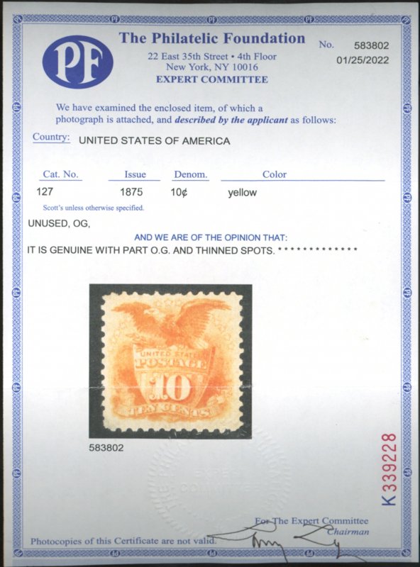 U.S. #127 MINT-VF PG H WITH PF CERT