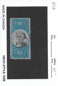 $1 2nd Issue Revenue Tax Stamp, Sc # R118, used. Nice Canx (55908)