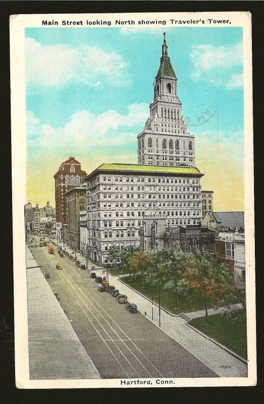 USA SC#554 on PM 1935 Hartford Conn Travelers Tower Postcard Used